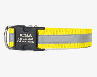 Reflective Dog Collar, Personalized Collar, Bright Puppy Collar, Quick Release Collar, Webbing Dog Collar, High Visibility Collars, Yellow