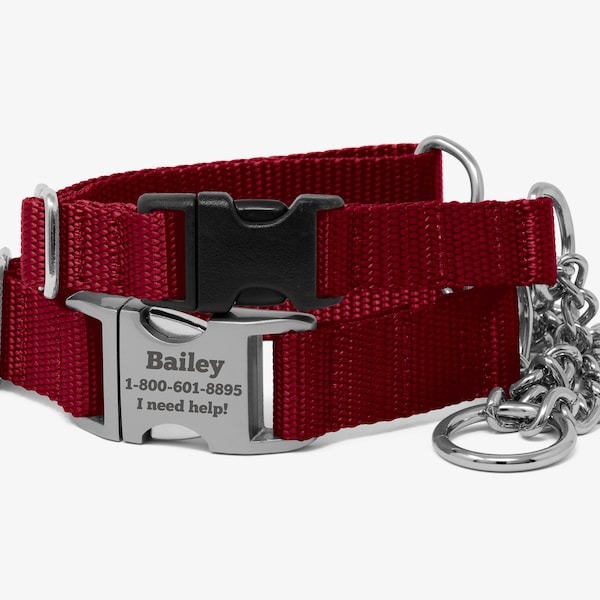 Chain Webbing Martingale Dog Collar, Personalized, Solid Red Collar, No Slip Dog Collar, Quick Release Buckle, Classic Collar, Dark Red