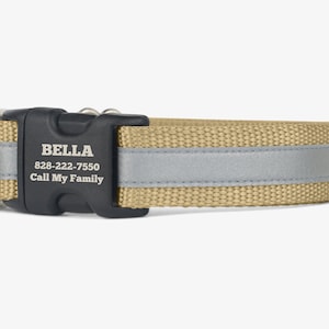 Reflective Dog Collar, Personalized Collar, Cute Puppy Collar, Quick Release Collars, Tan Webbing Dog Collar, High Visibility Collar, Khaki