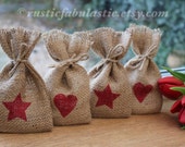 Small Rustic Hessian Burlap Wedding Baby Shower Valentine's Christmas Party Gift Favour Bags With Small Red Hearts & Stars W9 x H15cm