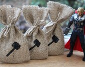 Small Rustic Hessian Burlap Marvel's Thor's Hammer Mjölnir Geek Comic Book Wedding Birthday Party Gift Bags Pouches W9 x H15cm (3.5