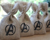 Small Rustic Hessian Burlap Marvel's Avengers Geek Chic Wedding Birthday Party Gift Bags Pouches W9 x H15cm (3.5