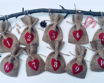 Rustic Christmas Hessian Burlap Jute Advent Calendar Pouches Sacks Bags Hearts and Numbers W9 x H15cm (3.5" x 6"), 25 BAGS