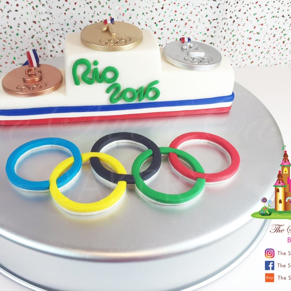 Fondant Olympic Rings and Olympic Podium with Medals Cake Toppers