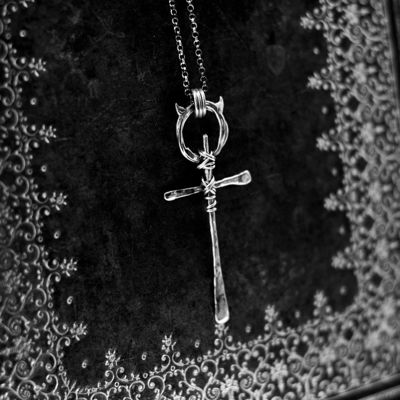 Witch Sterling Silver Cross Necklace Feminist necklace Hammered Style Pendant La Femme R\u00e9volt\u00e9e Alternative Gothic Silver Wire Pendant