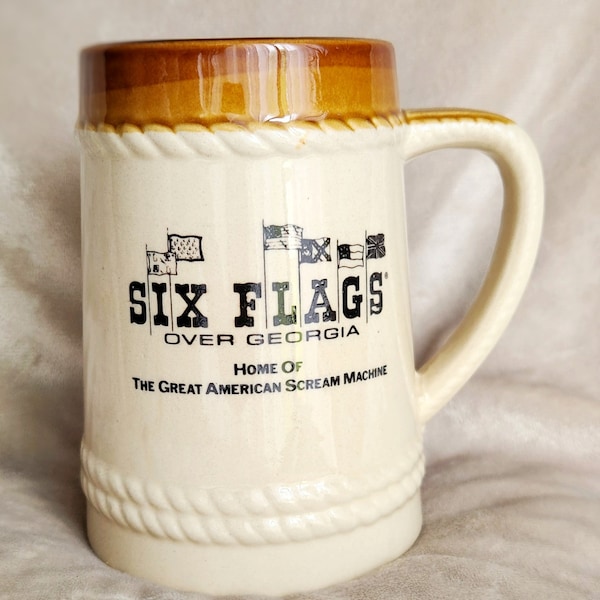 Vintage Six Flags Over Georgia ceramic souvenir beer mug