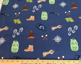 Flannel pajama pants for women/Camping icons on blue background