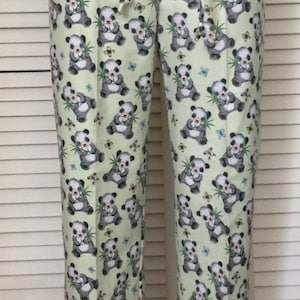 Flannel pajama pants for women/Size small/Baby Panda Bears on light lime green background
