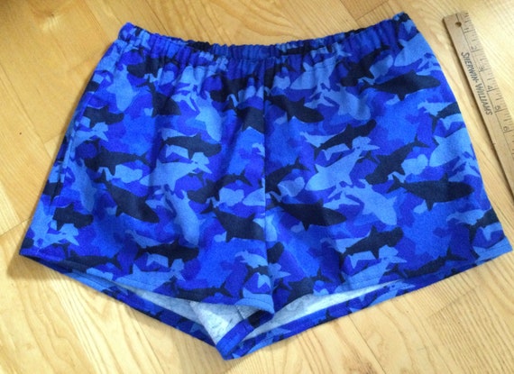 Sm/shark Silhouettes on Blue Background Flannel Sleep Shorts 