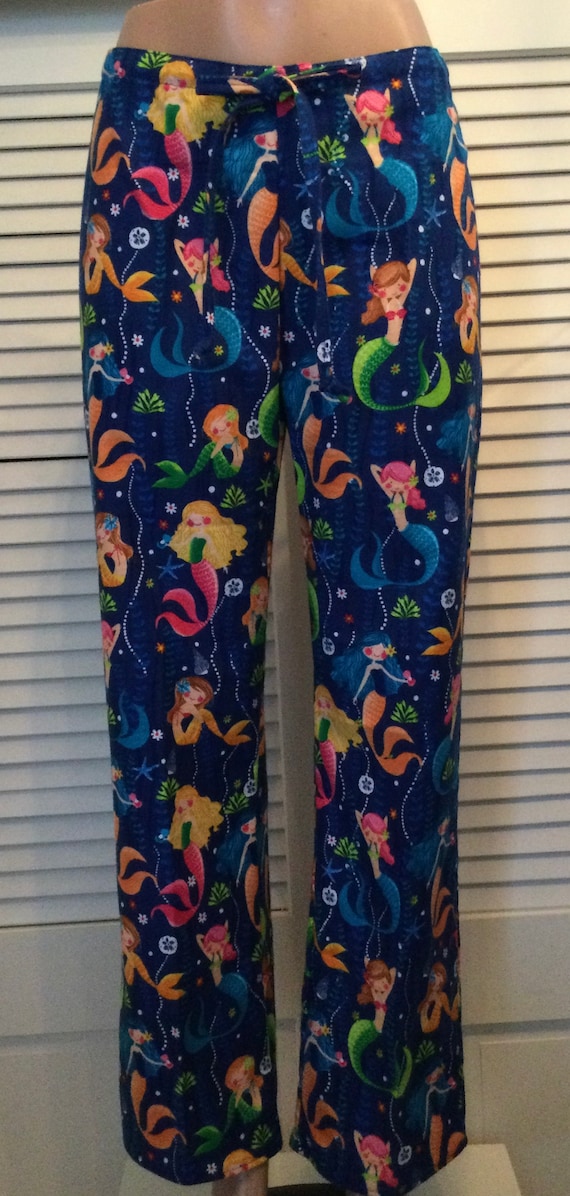 Flannel Pajama Pants for Women/size Small/30 Inseams/mermaids on Blue  Background 