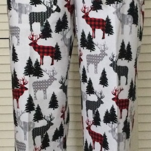 Flannel pajama pants for women/Patterned Woodland deer/Winter print on white  background