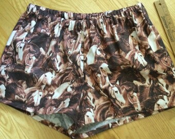 Med/Horses on brown background flannel sleep shorts