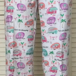 Flannel pajama pants for women/Size small/29.5" inseams/Glamping/Camping theme on white background