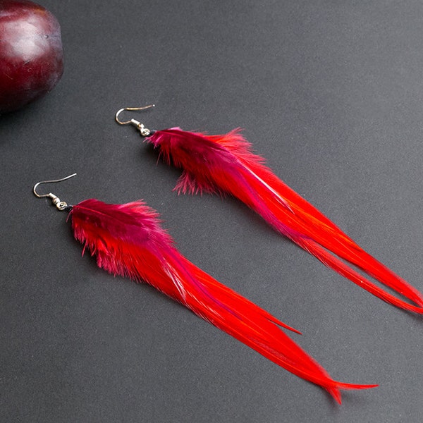 Red feather earrings: long feather earrings, gypsy jewelry, hippie earrings, boho chic, bohemian jewelry, long light earrings, indian.