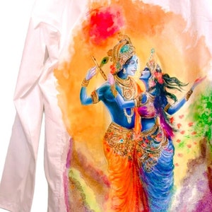 May include: A watercolor painting of a couple in a romantic embrace. The man is holding a flute and the woman is wearing a blue dress. The painting is set against a colorful background.