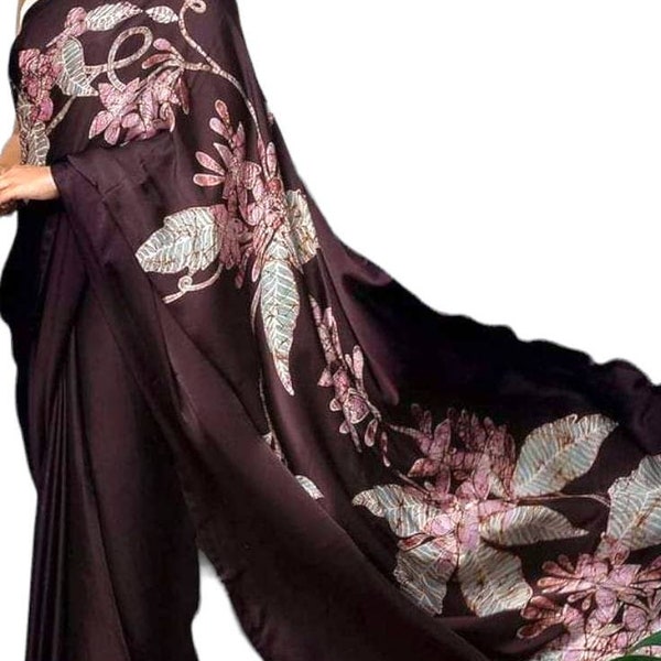 Sari in pura seta floreale Batik dipinto a mano