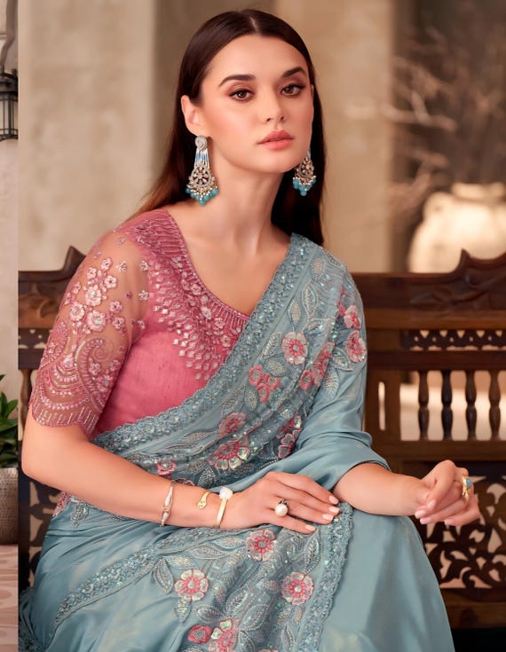 Designer Sarees,Heavy Embroidery Saree, Wedding Collection,Embroidered Border, Indian Wedding Silk Saree Party Wear