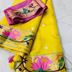 Pure Tussar Silk Saree With Antique Zari Embroidered Border, Indian Wedding Silk saree, Hand Embroidered saree, Handmade saree, Party Wear