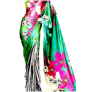 Smaragdgrün Handbemalte Batik Blumenseide Saree, Handbemalte Batik Blumenreine Seide Saree Batik Seide Saree, Batik Handbemalte Seide Saree