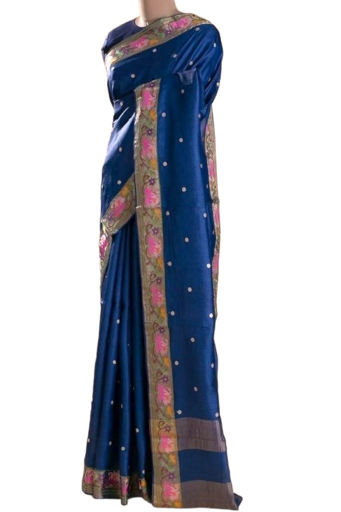 Women Beige Tusser Silk Woven Zari Design Saree With Unstitched Blouse