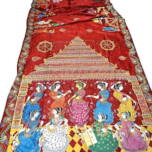 Pattachitra Handpainted Pure Katan Silk Saree Wedding silk Sarees , Bishnupuri katan silk, saree, Hand Painted silk saree