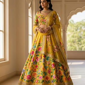 Lehenga Choli de seda floral pintada a mano, atuendo de novia
