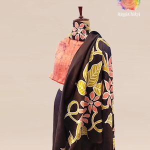 Handbemalter Batik Blumen Seidenstoff - Schwarz & Braun