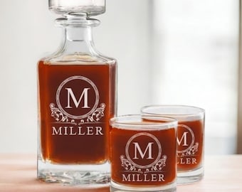 Personalized Whiskey Decanter Set, Engraved Bourbon Glasses