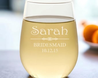Bridal Party Gifts, Personalized Wine Glass, Bachelorette Party Favors, Stemless Wine Glasses, Maid of Honor, Bridesmaids Gift