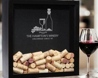 Family Name Est Date Wine Gift, Wine Cork Shadow Box, Wine Lover, Gift for Mom, Wine Cork Holder, Wine Cork Keeper, Rustic Shadow Box
