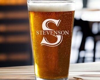 Custom Engraved Pint Glass - Personalized Beer Glass with Name or Initial - Gift for Him, Husband, Dad, Best Man, Groomsmen or Beer Lovers