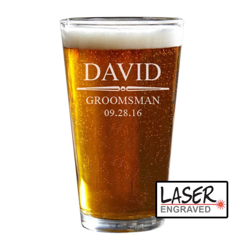 Personalized Groomsmen Pint Glass, Groomsmen Gift, Beer Glass, Custom Pint Glass, Engraved Beer Glass, Groomsmen Proposal Design 1