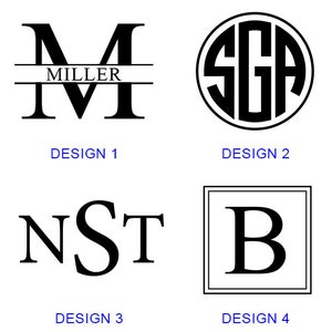 May include: Four different monogram designs for a personalized gift. Design 1 features a large letter M with the name MILLER written below. Design 2 features a circle with the letters SGA inside. Design 3 features the letters NST. Design 4 features a large letter B inside a square.