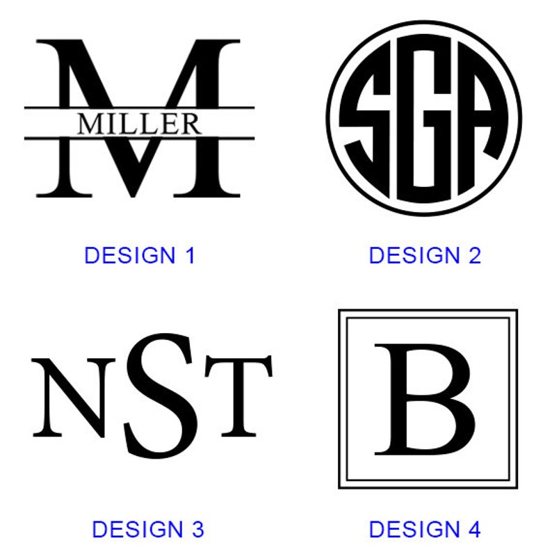 May include: Four different monogram designs for a personalized gift. Design 1 features a large letter M with the name MILLER written below. Design 2 features a circle with the letters SGA inside. Design 3 features the letters NST. Design 4 features a large letter B inside a square.