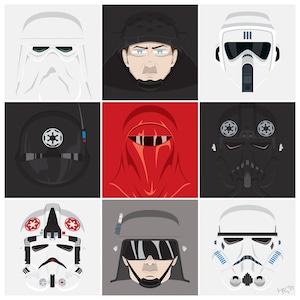 May include: A digital illustration of nine Star Wars characters wearing helmets and masks. The characters are arranged in a 3x3 grid. The characters include a Stormtrooper, a TIE Fighter Pilot, a Snowtrooper, a Royal Guard, a Death Trooper, a Rebel Pilot, a Scout Trooper, and a Darth Vader.