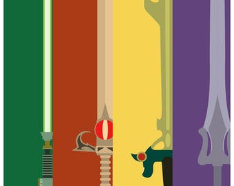 80's Swords of Power, Famous Swords | Pop Culture Art Print | All personally drawn; no AI