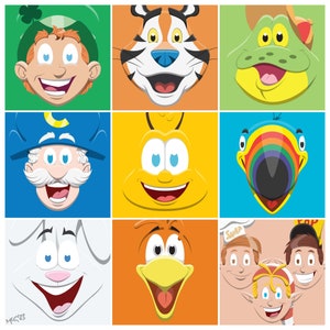 May include: A collage of nine cartoon character faces, including a leprechaun, a tiger, a frog, a blue character with a crescent moon on his hat, a yellow bee, a rainbow character, a white rabbit, a yellow chicken, and a group of three characters with red, blue, and yellow hats.