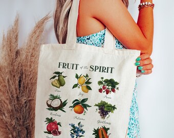 Fruit of the Spirit Bible Scripture Painting Jesus Quote Floral Cotton Canvas Tote Bag