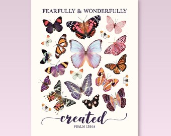 Fearfully & Wonderfully Created Poster, Bible Quote with Hand Painted Butterflies, Bible Poster, Inspirational Decor, Christian Gift