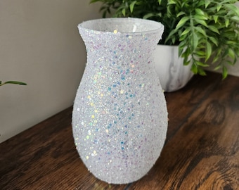 Sparkly White Iridescent Chunky Glitter Vase 7",  Weddings,  Party,  Birthday, Graduation,  Home Decor