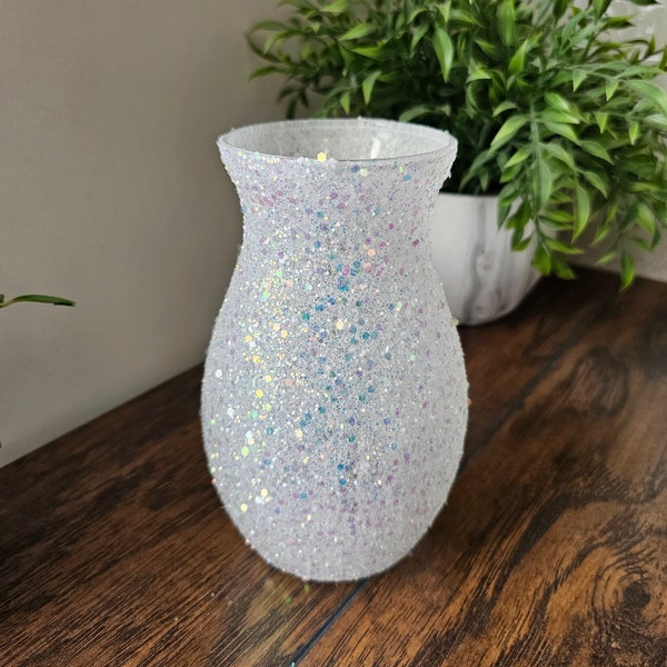 Sparkly White Iridescent Chunky Glitter Vase 7",  Weddings,  Party,  Birthday, Graduation,  Home Decor