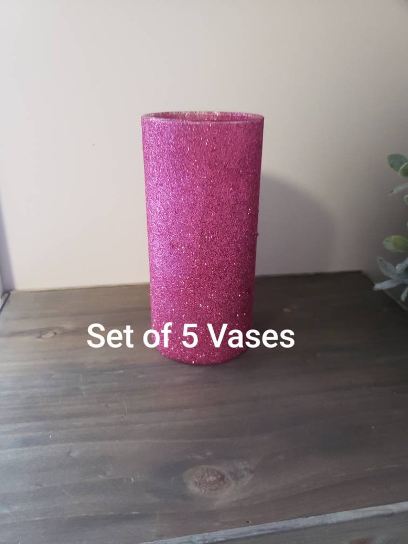 Set Of 5 Hot Pink Glitter Vases 7 31 Wedding Decor Etsy