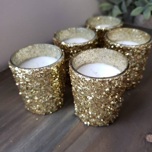 12 Sparkly Chunky Gold Glitter Prefilled Votives Wedding Etsy