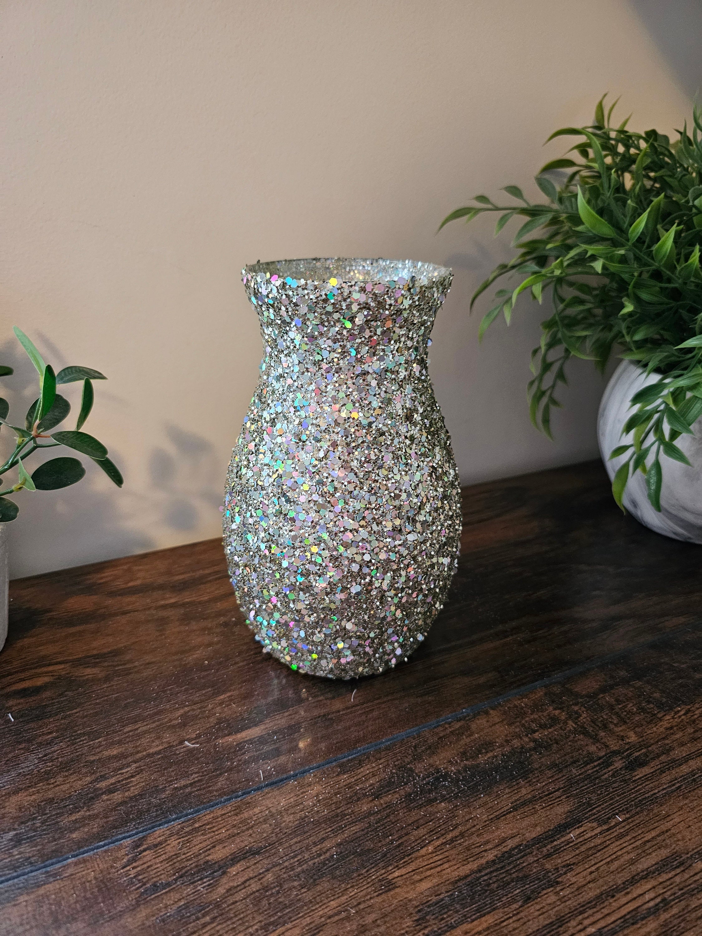 Sparkly Silver Chunky Glitter Vase 7", Weddings, Birthdays, Party Decor, Anniversary, Dinner, Home Decor