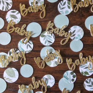 Confeti dorado y verde para baby shower, revelación de género, 80 piezas de confeti para baby shower, verde salvia, confeti boho, decoración para baby shower