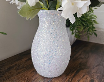 Set of 5 Sparkly White Iridescent Glitter Vases 7", Wedding Decor, Winter Wedding, Bridal Shower, Baby Shower, Birthday Party, Engagement