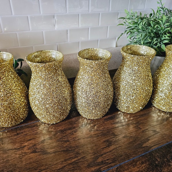 Set of 5 Sparkly Gold Chunky Glitter Vases 7", Weddings, Birthdays, Party Decor, Anniversary, Dinner, Home Decor