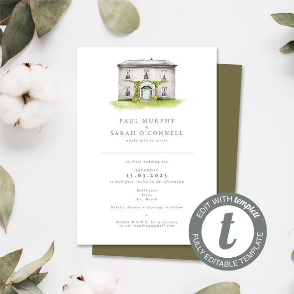 Millhouse Slane | Minimal 5x7 Wedding Venue Digital Wedding Invitation | Print Your Own Wedding Stationery | Templett Template