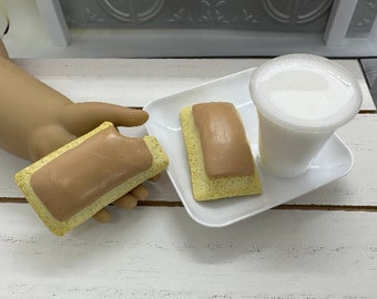 2 Hot sweet cinnamon pop tarts & cup of milk served on a 2.5" plastic plate made in 15 - 18" 3:1 doll scale mini doll food AG, elf, BJD mini