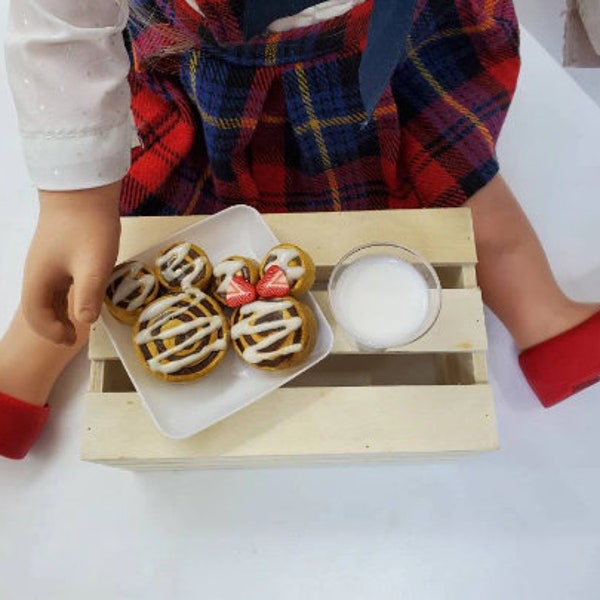 Mickey & Minnie cinnamon rolls served warm on 2.5" plastic plate with cold milk made in 15 - 18" 3:1 doll scale doll food AG, elf, BJD mini